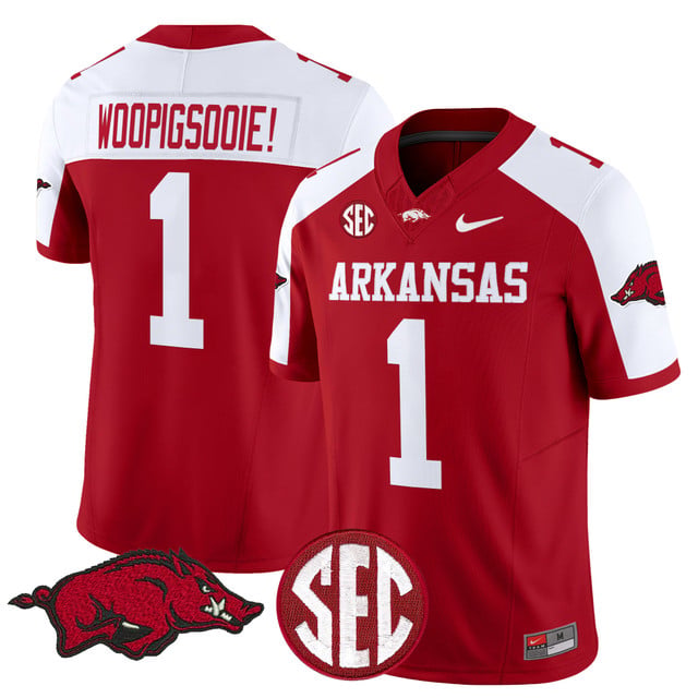 Men's Arkansas Razorbacks Vapor Limited Jersey red white #1 Woo Pig Sooie