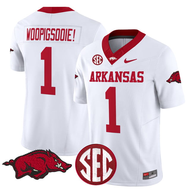 Men's Arkansas Razorbacks Vapor Limited Jersey white #1 Woo Pig Sooie