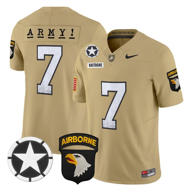 Men's Army Black Knights 2025 Screaming Eagles Vapor Limited Jersey tan #7 Bastogne