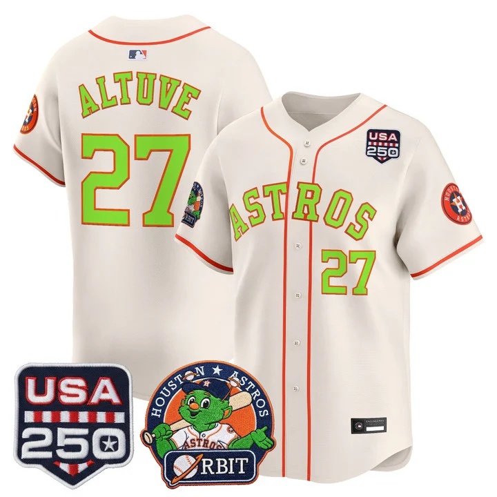 Men's Astros Orbit & 250 America Patch Vapor Premier Limited Jersey CREAM #27 JOSE ALTUVE