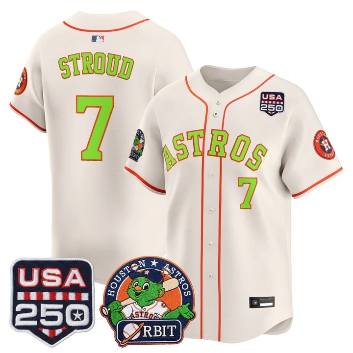 Men's Astros Orbit & 250 America Patch Vapor Premier Limited Jersey CREAM #7 CJ STROUD