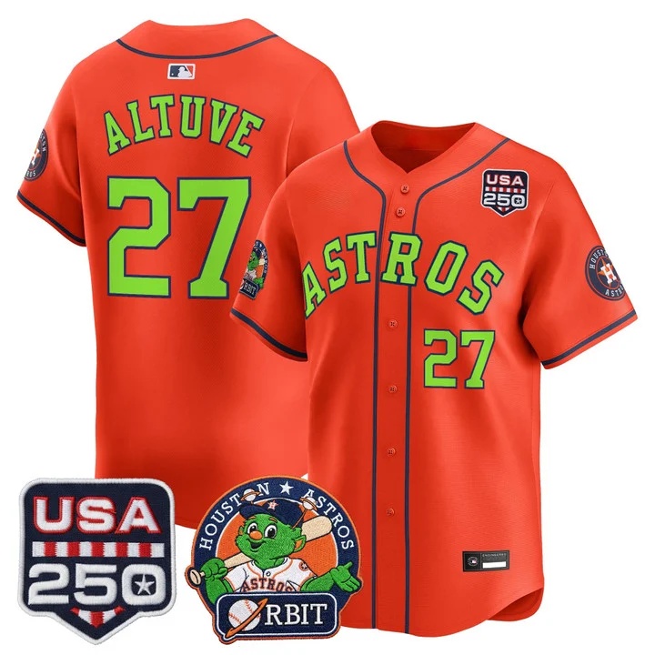 Men's Astros Orbit & 250 America Patch Vapor Premier Limited Jersey ORANGE #27 JOSE ALTUVE