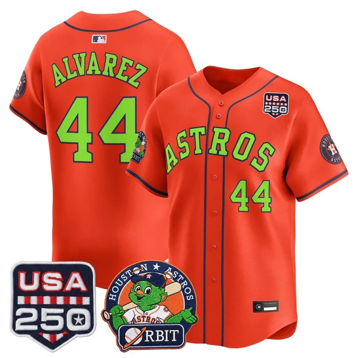 Men's Astros Orbit & 250 America Patch Vapor Premier Limited Jersey ORANGE #44 YORDAN ALVAREZ