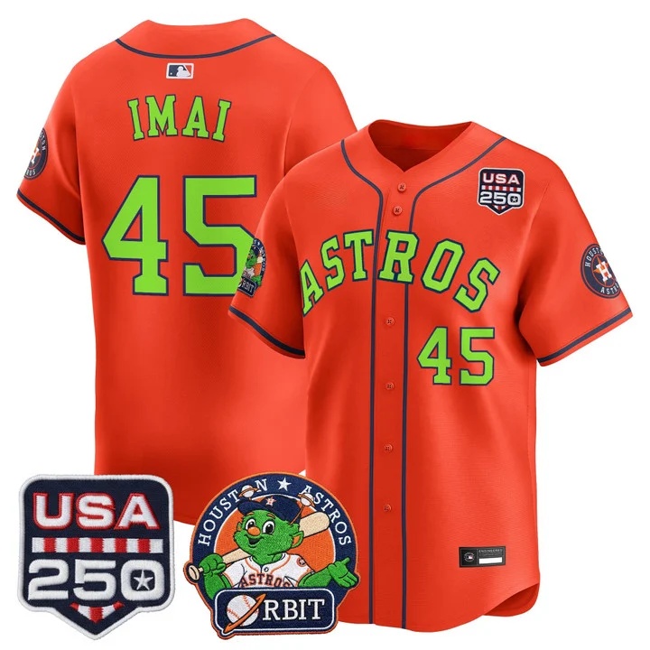 Men's Astros Orbit & 250 America Patch Vapor Premier Limited Jersey ORANGE #45 TATSUYA IMAI