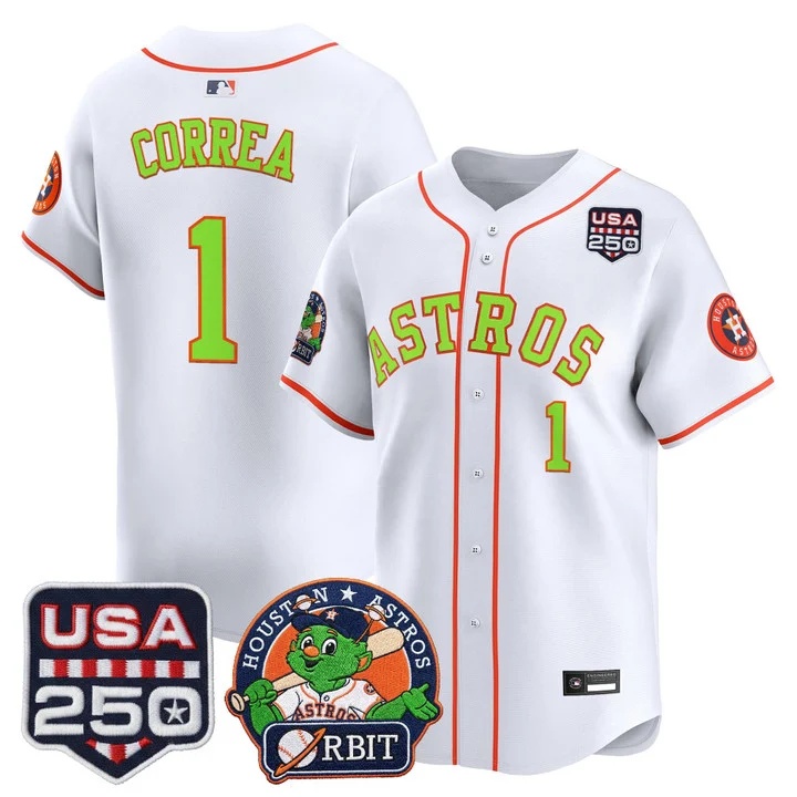 Men's Astros Orbit & 250 America Patch Vapor Premier Limited Jersey WHITE #1 CARLOS CORREA