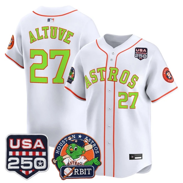 Men's Astros Orbit & 250 America Patch Vapor Premier Limited Jersey WHITE #27 JOSE ALTUVE