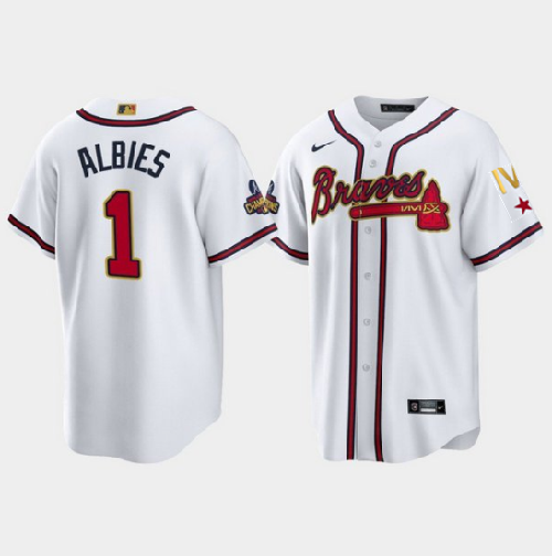 Men's Atlanta Braves #1 Ozzie Albies 2022 White Gold World Series Champions Program Cool Base Stitched Baseball Jersey