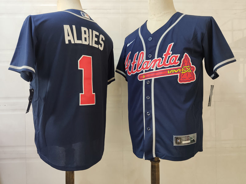 Men's Atlanta Braves #1 Ozzie Albies Nike Navy Alternate Cool Basell Jersey