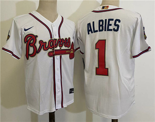 Men's Atlanta Braves #1 Ozzie Albies White 2022 Gold Program World Championship Baseball Jersey