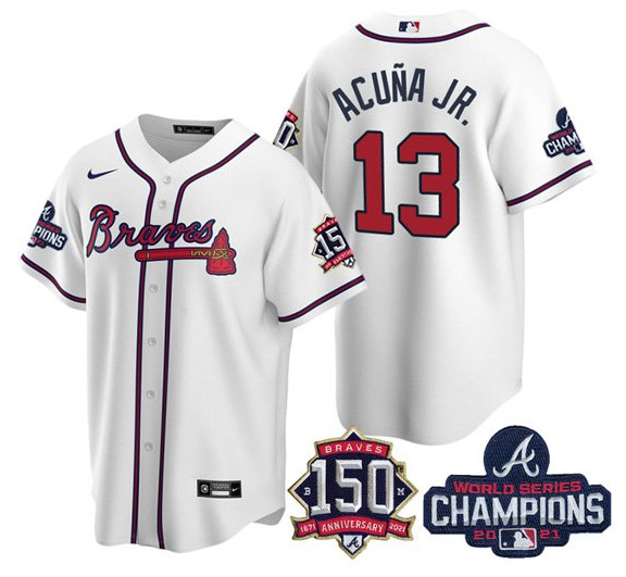 Men's Atlanta Braves #13 Ronald Acuna Jr. 2021 White World Series Champions With 150th Anniversary Patch Cool Base Stitched Jersey
