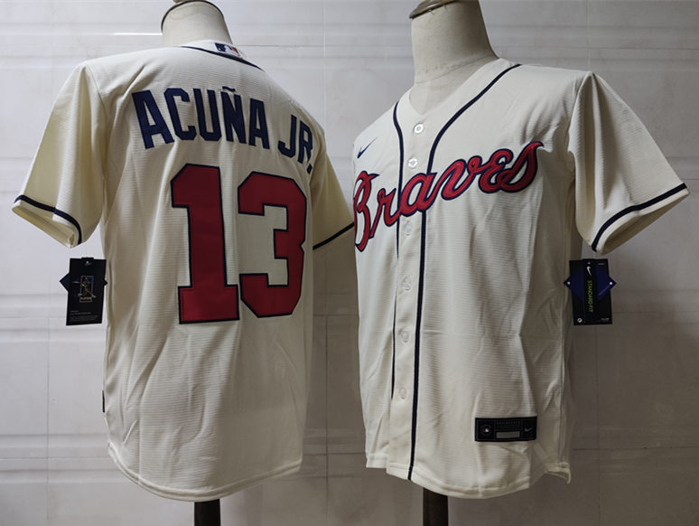 Men's Atlanta Braves #13 Ronald Acuna Jr. Nike Cream Alternate Cool Base Jerseys