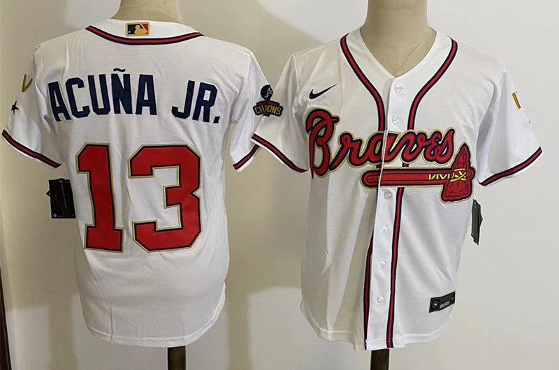 Men's Atlanta Braves #13 Ronald Acuna Jr. White 2022 Gold Program World Championship Baseball Jersey