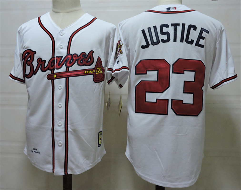 Men's Atlanta Braves #23 David Justice Home White MLB Cool Base Jersey W 1995 World Series and 30th