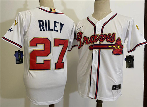 Men's Atlanta Braves #27 Austin Riley White 2022 Gold Program World Championship Baseball Jersey