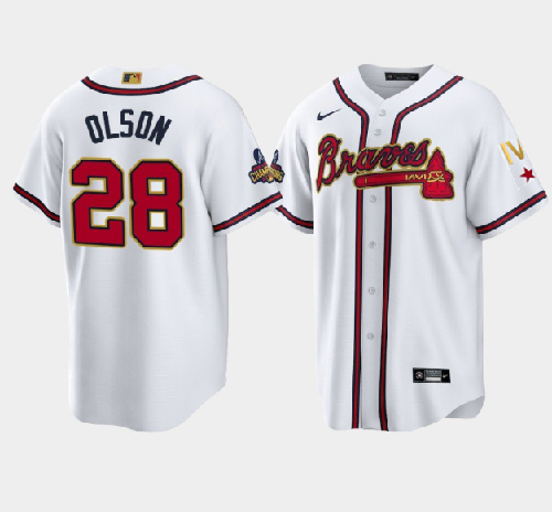 Men's Atlanta Braves #28 Matt Olson 2022 White Gold World Series Champions Program Cool Base Stitched Baseball Jersey