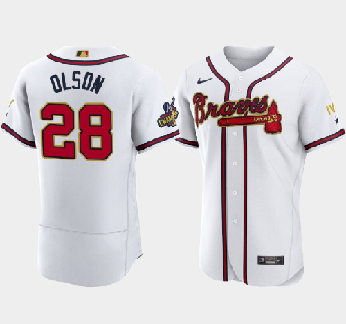 Men's Atlanta Braves #28 Matt Olson 2022 White Gold World Series Champions Program Flex Base Stitched Baseball Jersey