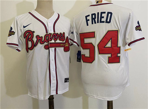 Men's Atlanta Braves #54 Max Fried Nike White Gold Program 2022 World Championship Player Baseball Jersey