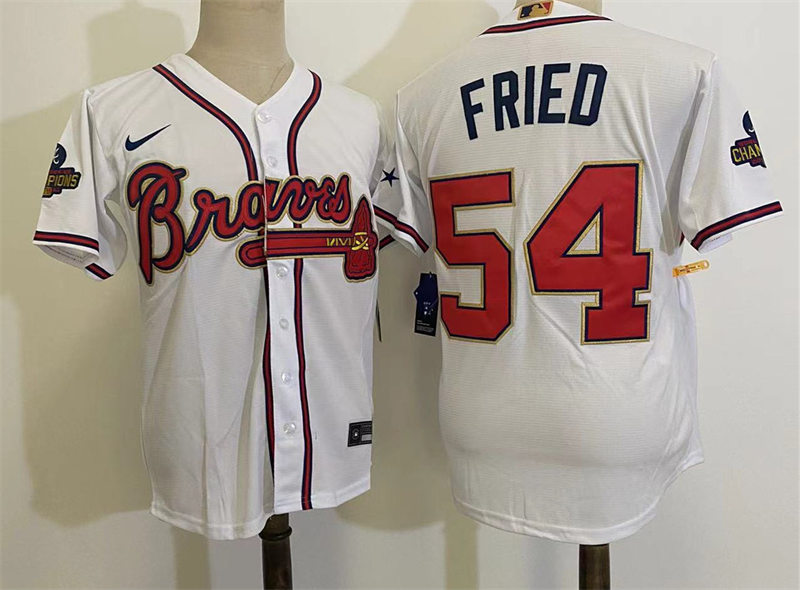 Men's Atlanta Braves #54 Max Fried Nike White Gold Program 2022 World Championship Player Jersey