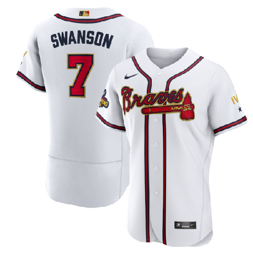 Men's Atlanta Braves #7 Dansby Swanson 2022 White Gold World Series Champions Program Flex Base Stitched Baseball Jersey