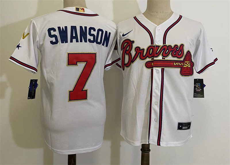 Men's Atlanta Braves #7 Dansby Swanson White 2022 Gold Program World Championship Baseball Jersey
