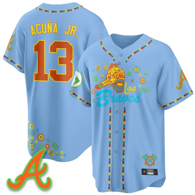 Men's Atlanta Braves 2025 Los Bravos Jersey V2 blue #13 ronald acuna jr..webp