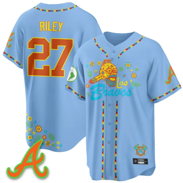 Men's Atlanta Braves 2025 Los Bravos Jersey V2 blue #27 austin riley.webp
