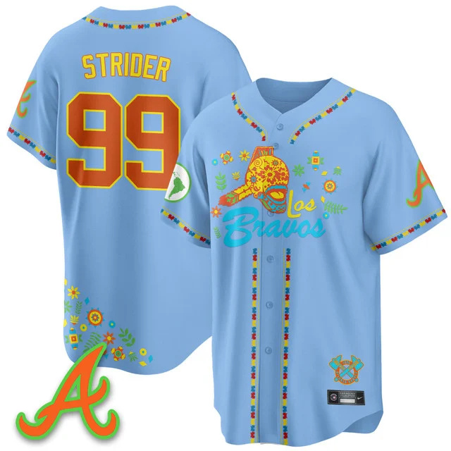 Men's Atlanta Braves 2025 Los Bravos Jersey V2 blue #99 spencer strider.webp