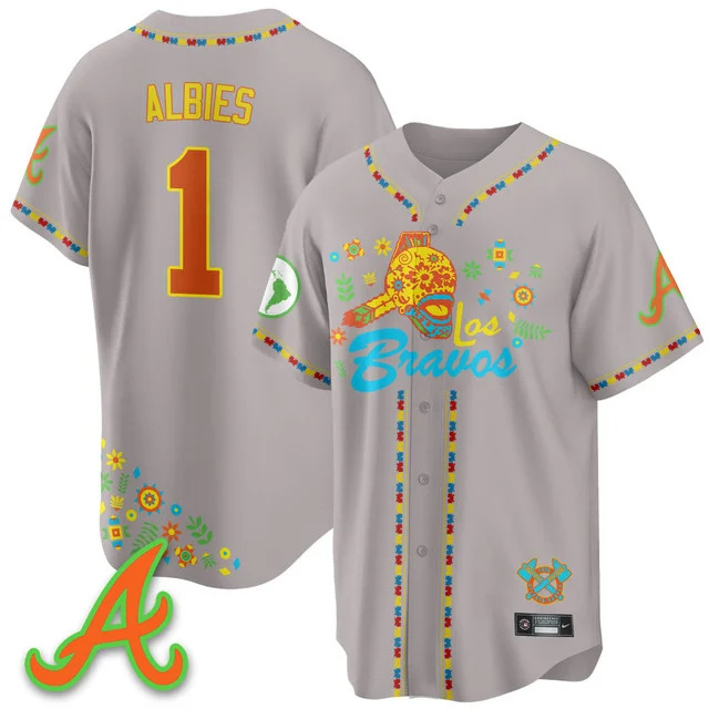 Men's Atlanta Braves 2025 Los Bravos Jersey V2 grey #1 ozzie albies.webp