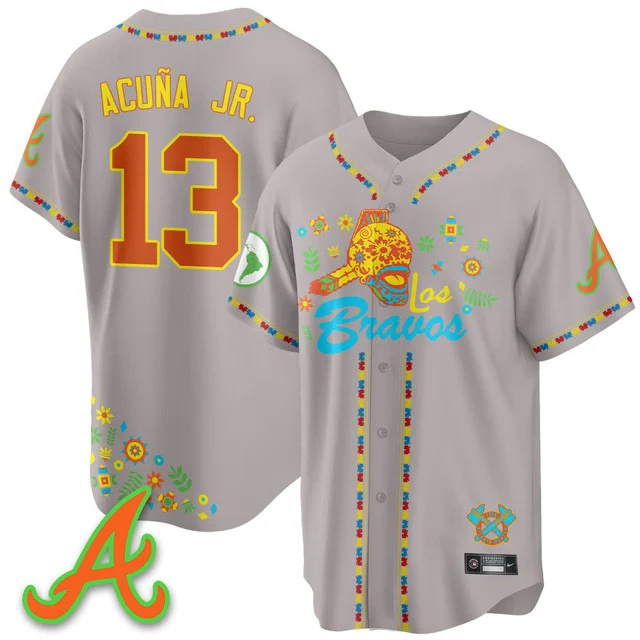 Men's Atlanta Braves 2025 Los Bravos Jersey V2 grey #13 ronald acuna jr..webp