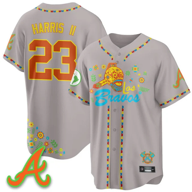 Men's Atlanta Braves 2025 Los Bravos Jersey V2 grey #23 michael harris II.webp