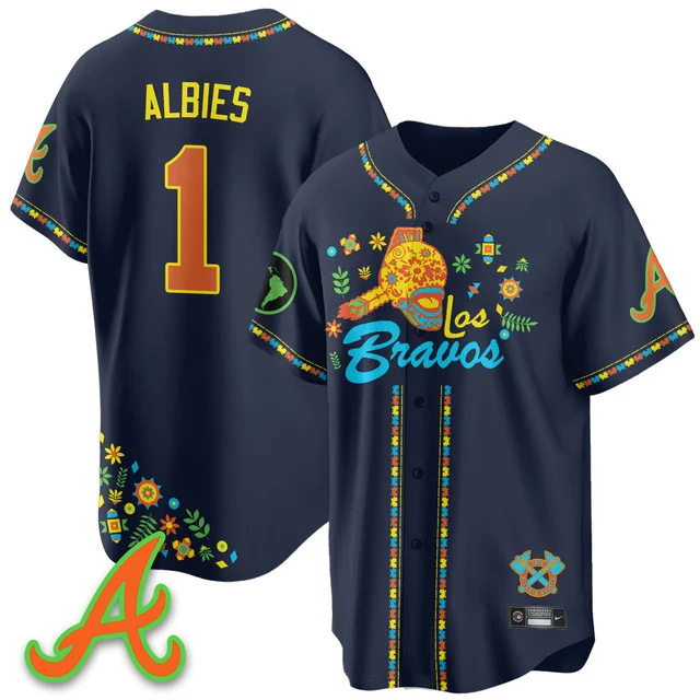 Men's Atlanta Braves 2025 Los Bravos Jersey V2 navy #1 ozzie albies.webp