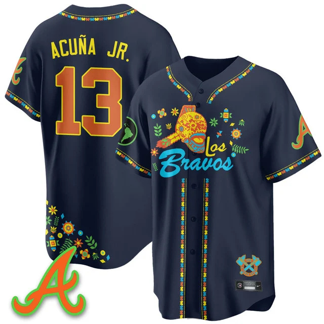 Men's Atlanta Braves 2025 Los Bravos Jersey V2 navy #13 ronald acuna jr..webp