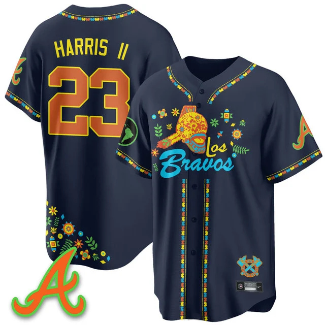 Men's Atlanta Braves 2025 Los Bravos Jersey V2 navy #23 michael harris II.webp