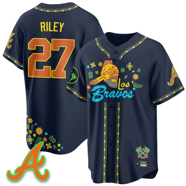 Men's Atlanta Braves 2025 Los Bravos Jersey V2 navy #27 austin riley.webp
