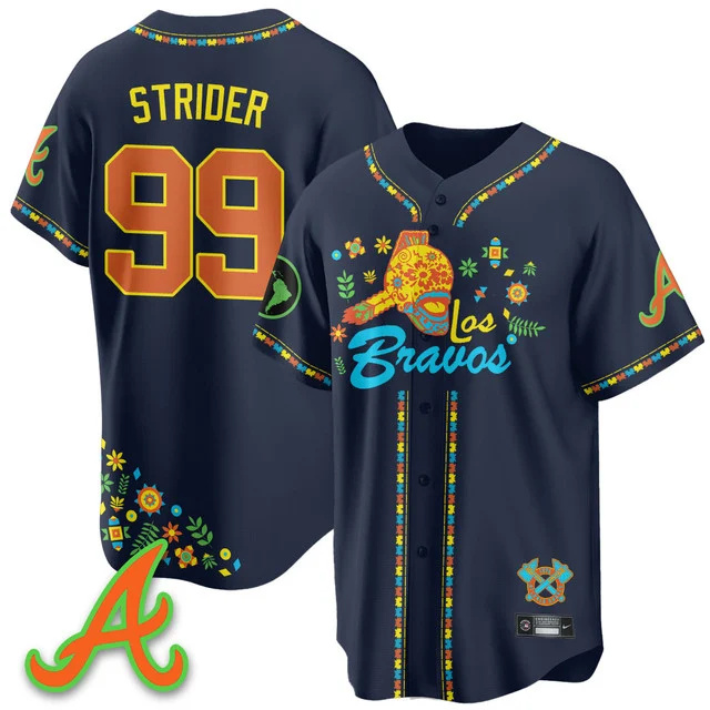 Men's Atlanta Braves 2025 Los Bravos Jersey V2 navy #99 spencer strider.webp