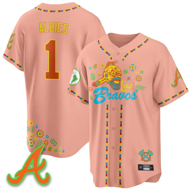 Men's Atlanta Braves 2025 Los Bravos Jersey V2 peaches #1 ozzie albies.webp