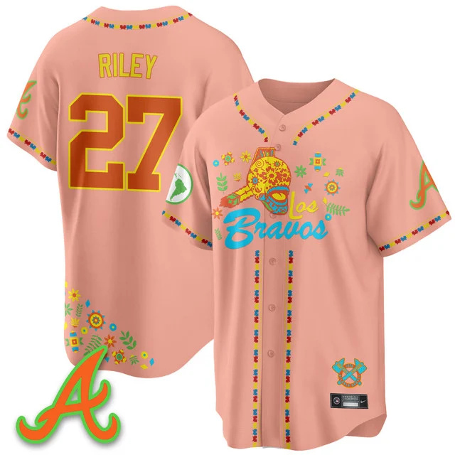 Men's Atlanta Braves 2025 Los Bravos Jersey V2 peaches #27 austin riley.webp