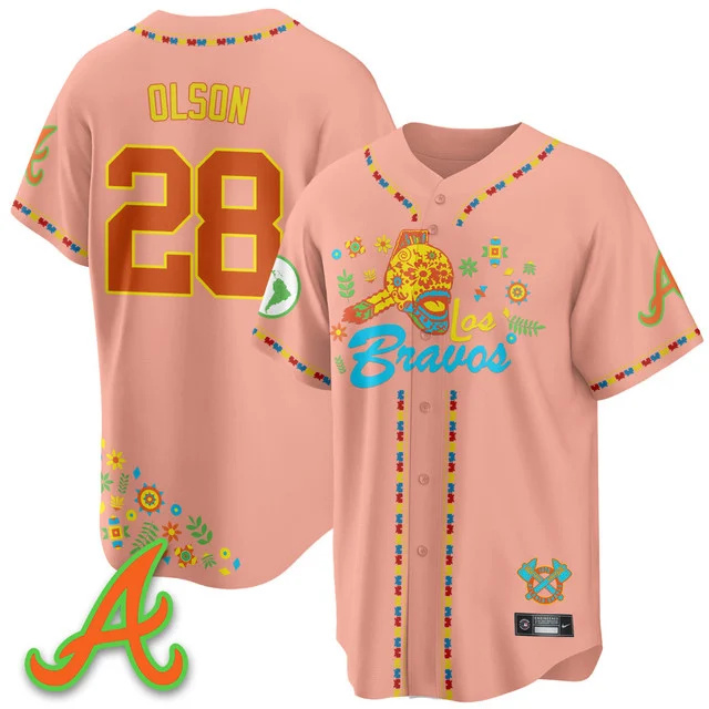 Men's Atlanta Braves 2025 Los Bravos Jersey V2 peaches #28 matt olson.webp