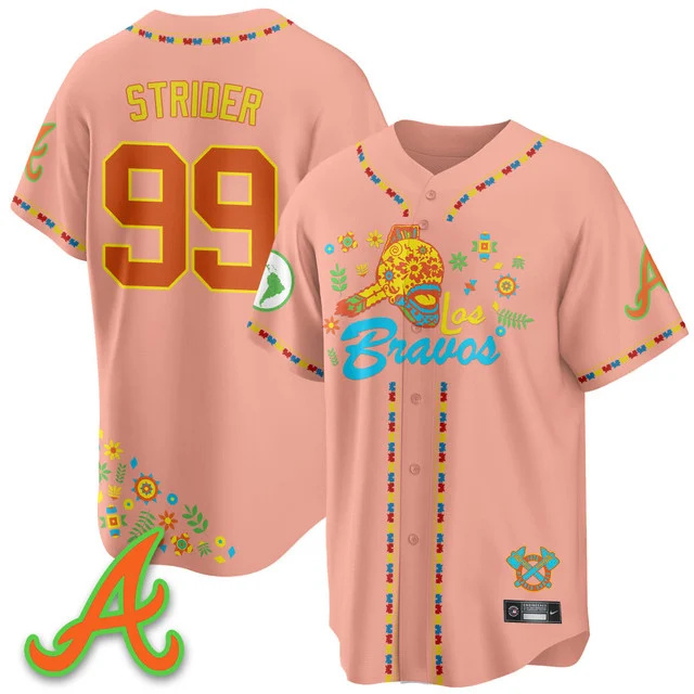 Men's Atlanta Braves 2025 Los Bravos Jersey V2 peaches #99 spencer strider.webp