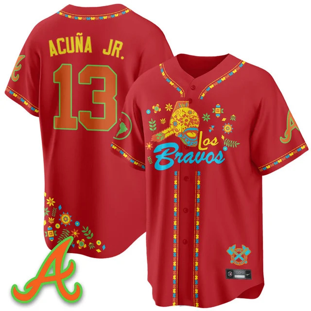 Men's Atlanta Braves 2025 Los Bravos Jersey V2 red #13 ronald acuna jr..webp