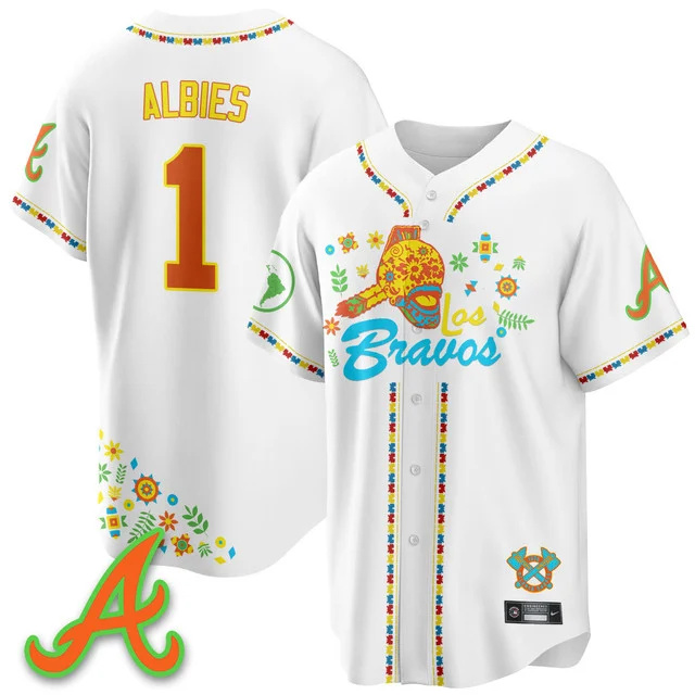 Men's Atlanta Braves 2025 Los Bravos Jersey V2 white #1 ozzie albies.webp