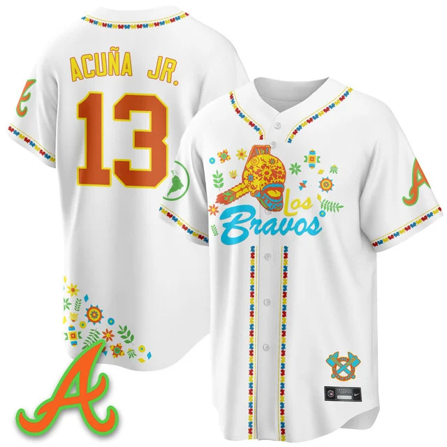 Men's Atlanta Braves 2025 Los Bravos Jersey V2 white #13 ronald acuna jr..webp