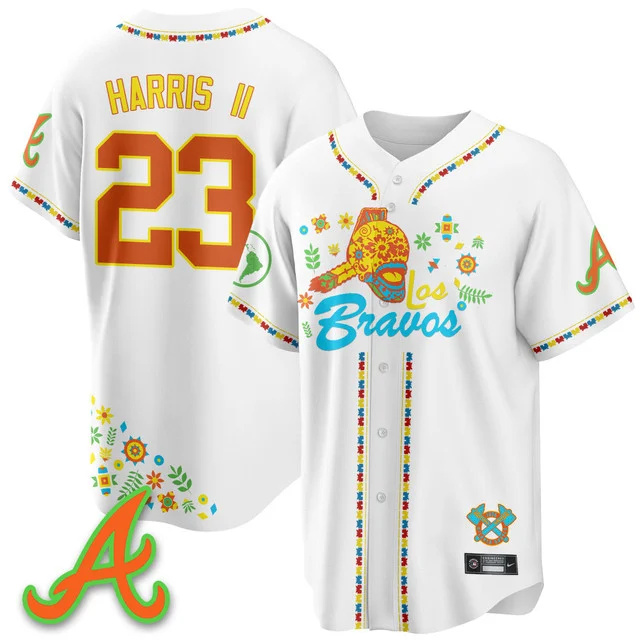 Men's Atlanta Braves 2025 Los Bravos Jersey V2 white #23 michael harris II.webp