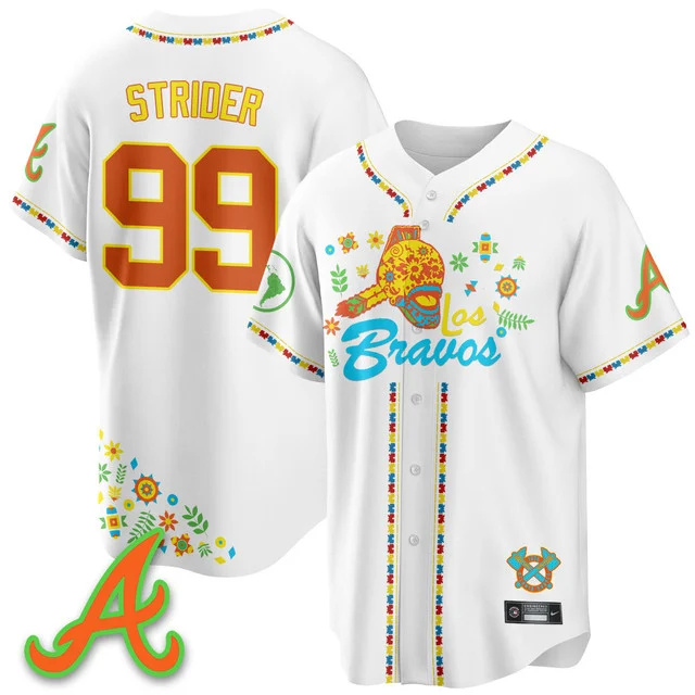 Men's Atlanta Braves 2025 Los Bravos Jersey V2 white #99 spencer strider.webp