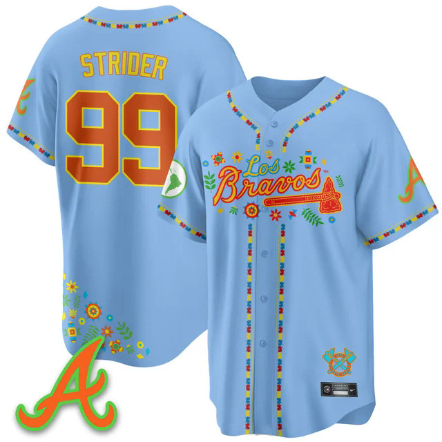 Men's Atlanta Braves 2025 Los Bravos Jersey blue #99 spencer strider.webp
