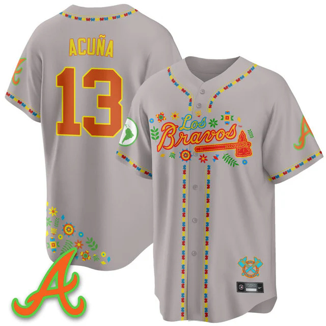 Men's Atlanta Braves 2025 Los Bravos Jersey grey #13 ronald acuna jr..webp