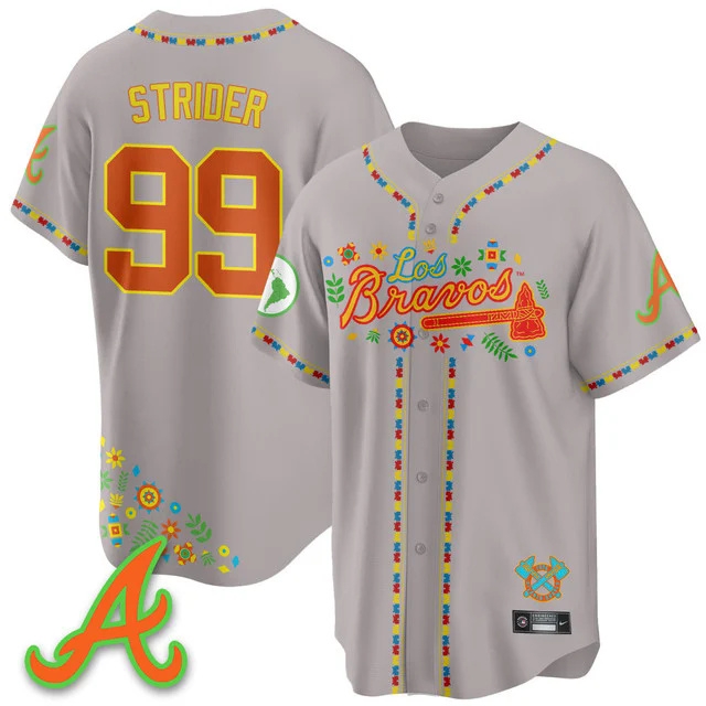 Men's Atlanta Braves 2025 Los Bravos Jersey grey #99 spencer strider.webp