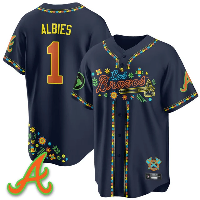 Men's Atlanta Braves 2025 Los Bravos Jersey navy #1 ozzie albies.webp