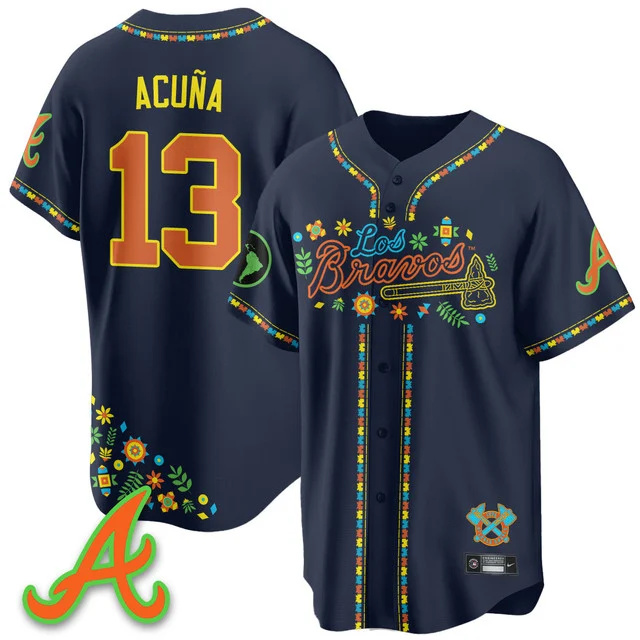 Men's Atlanta Braves 2025 Los Bravos Jersey navy #13 ronald acuna jr..webp