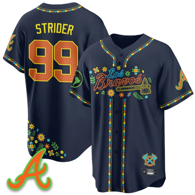 Men's Atlanta Braves 2025 Los Bravos Jersey navy #99 spencer strider.webp